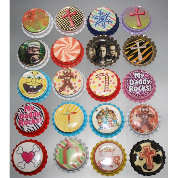 Lot Of 20 Refrigerator Magnets Bottle Caps Colorful Variety Handmade New - Picture 2 of 5